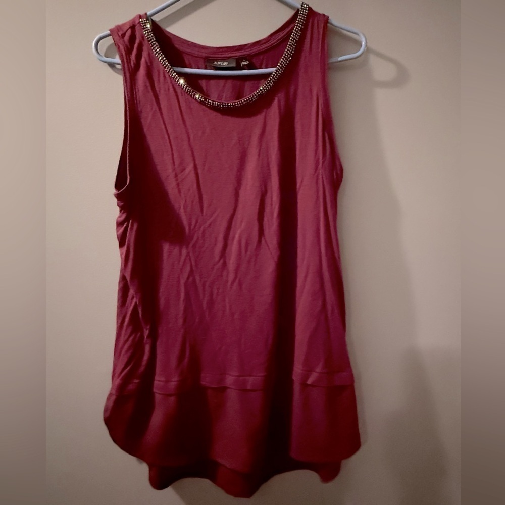 Apt 9 Sleeveless Beaded Neckline Sheer Dressy Blouse Maroon Womens Sz L